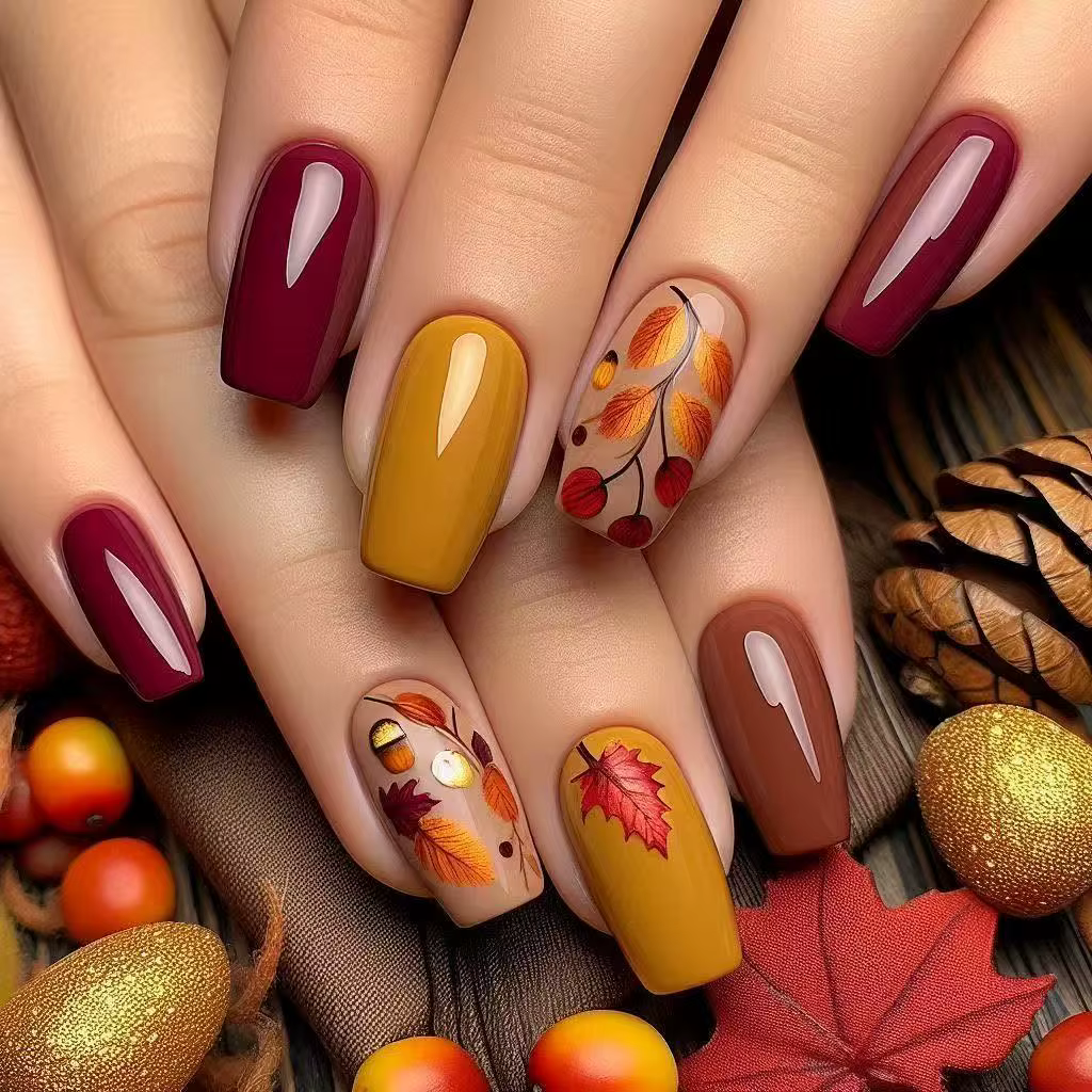 24 pièces automne Nail Art conseils feuilles d'érable décoré faux presse sur ongles esthétique faux 