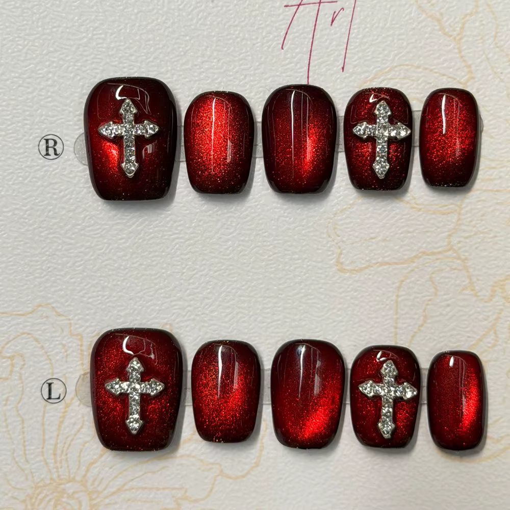 10 Pièces Faux Ongles à Presser Rouge Foncé Effet Œil de Chat Faits Main Extra Courts Forme Cercueil