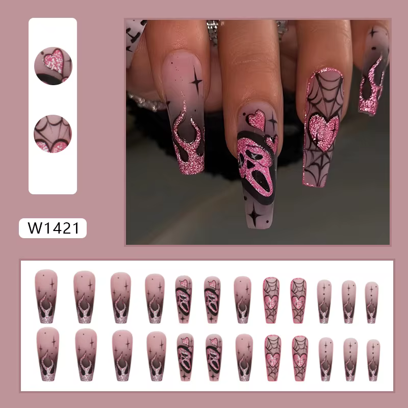 Faux ongles à paillettes roses, 24 pièces, Patch effrayant, crâne, amour, cœur, motif, ongles artifi