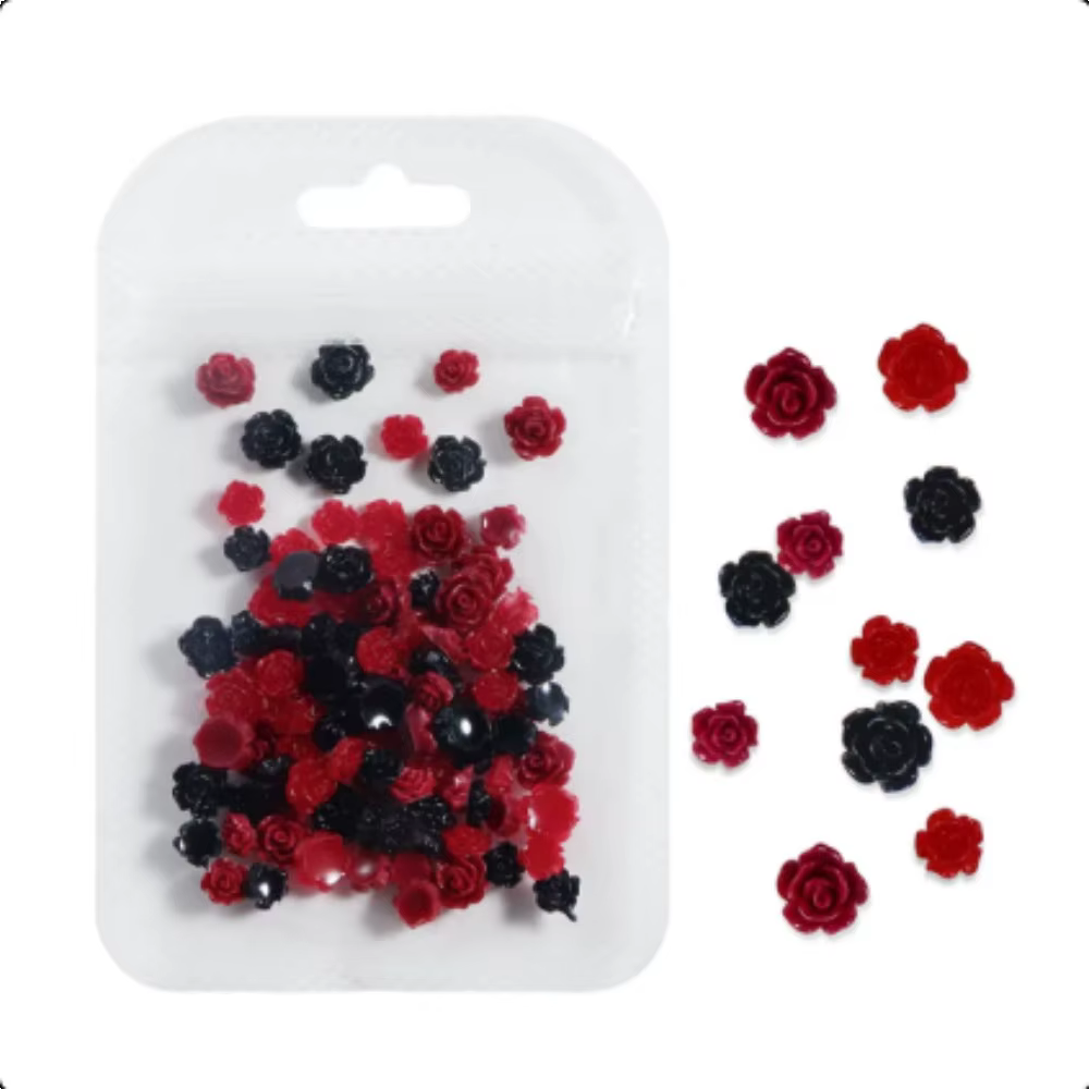 Accessoires pour ongles en forme de roses vintage, décorations de roses rouges et noires mélangées,