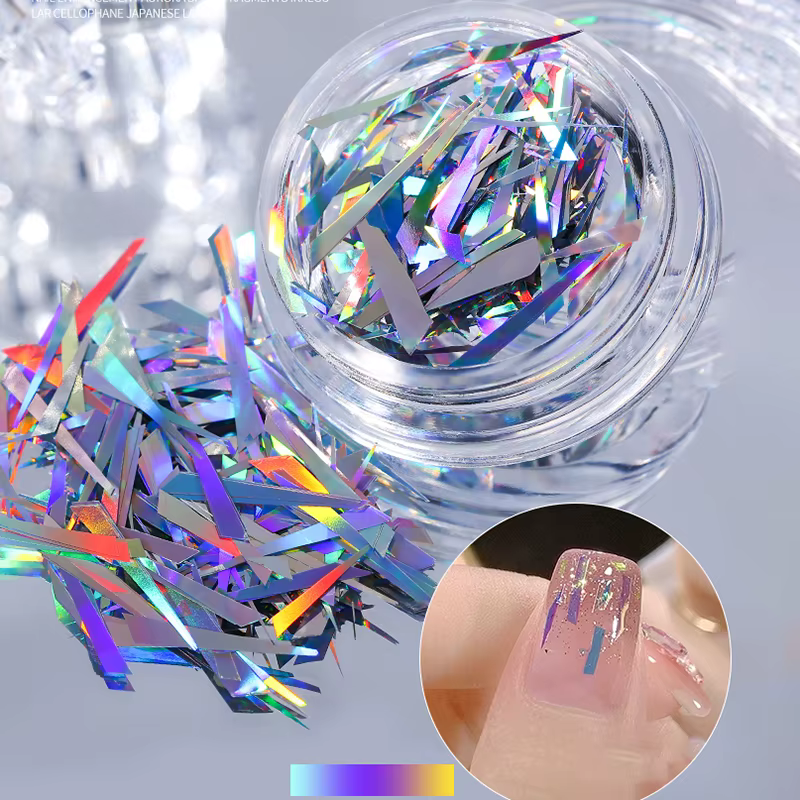Autocollant pour ongles ligne effet verre, 1 pot, scintillant, aurore irrégulière, papier verre, pai