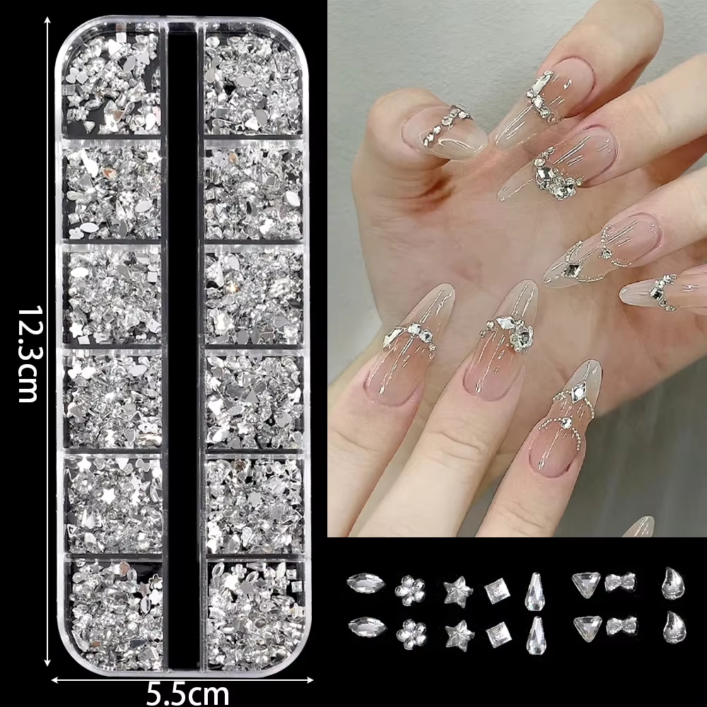 Mini accessoires pour Nail Art, 12 grilles, pointe de manucure éblouissante, décorations en strass à