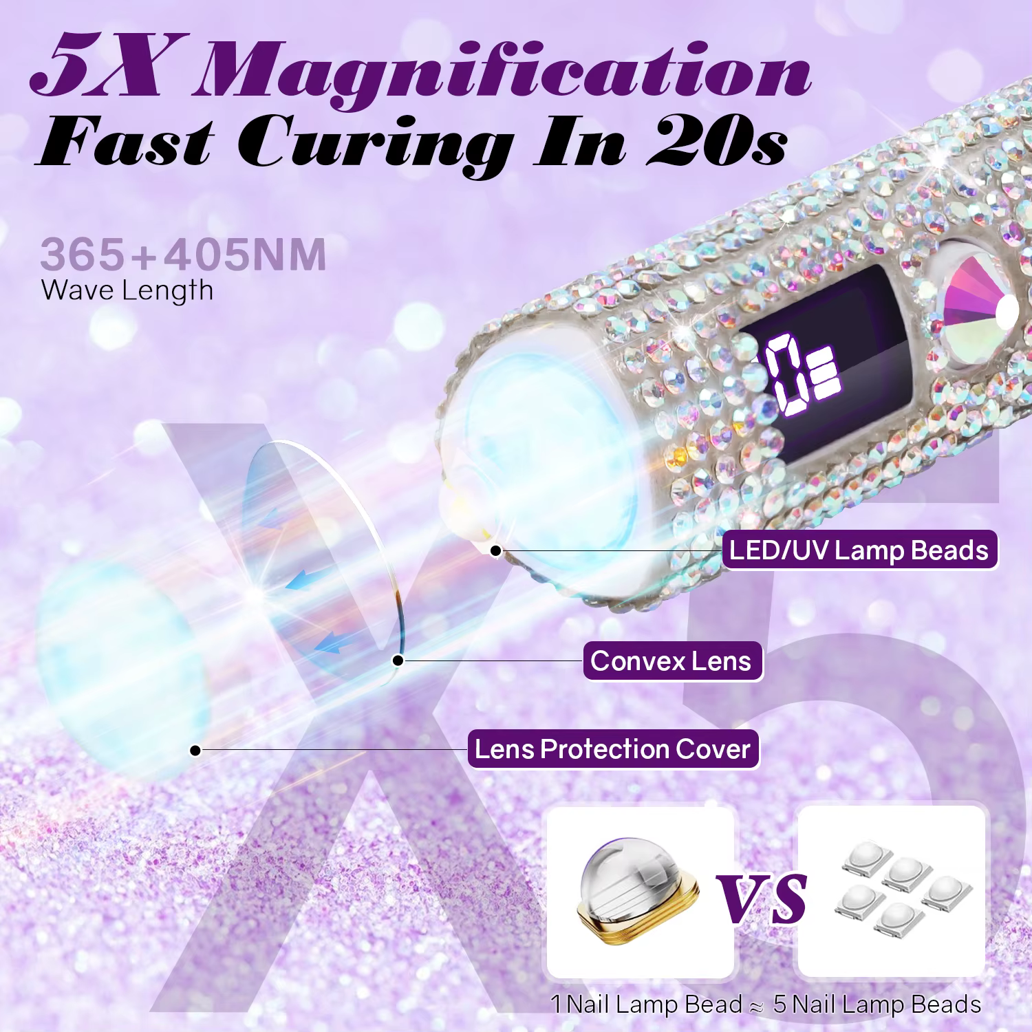 Mini lampe à ongles LED UV avec diamants, sèche-ongles portable pour durcir le vernis gel, machine d