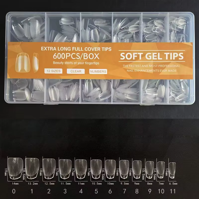 600 faux ongles en gel souple, courtes, carrées, en forme de cercueil ou d'amande, capsules X pour e