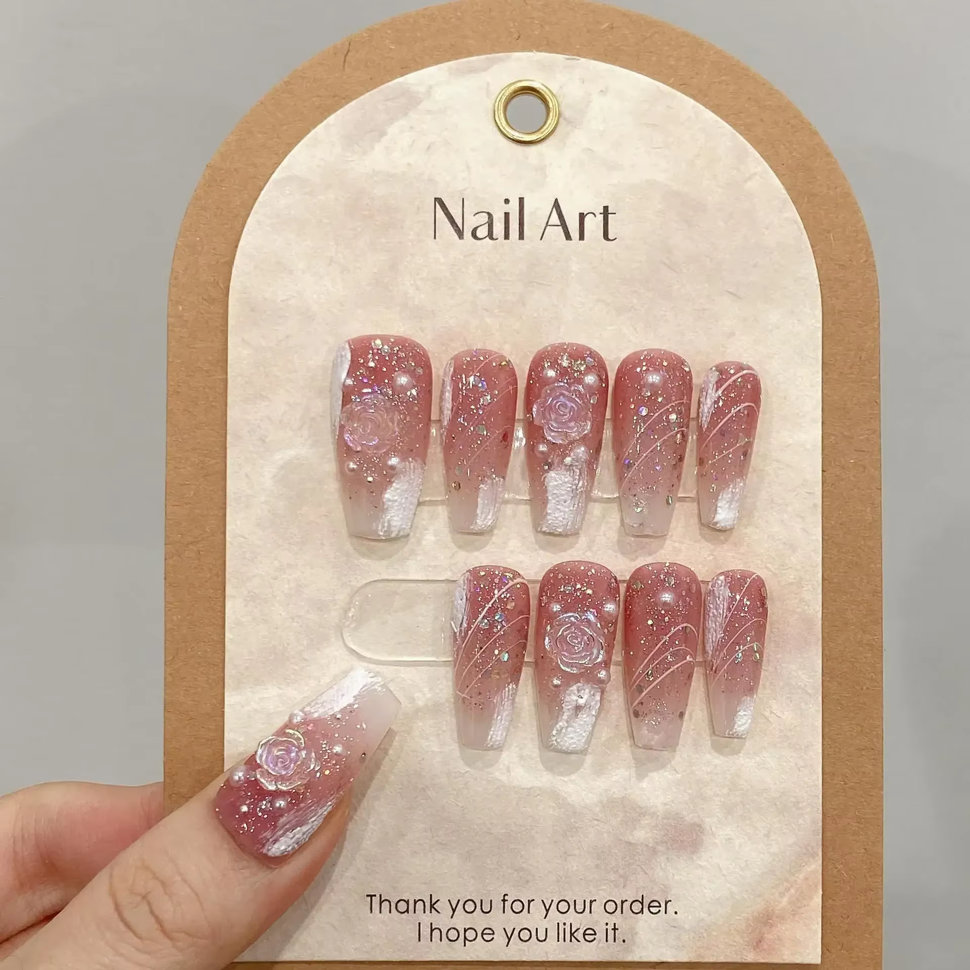 10 pièces presse à la main sur les ongles longs Ballet bleu faux ongles avec 3D océan lune strass co