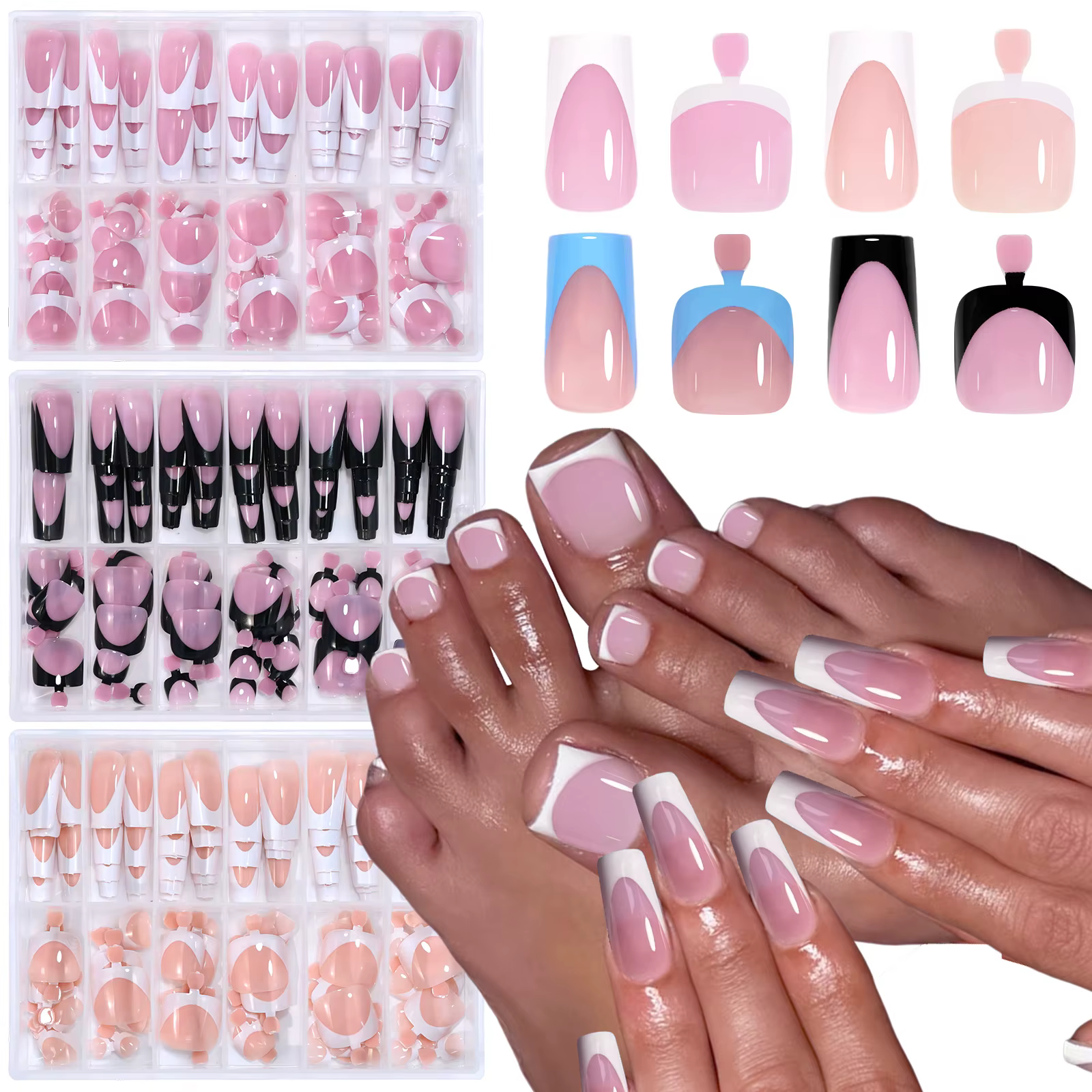 Ensemble d'ongles français pour les mains et les pieds, 144 pièces, court, carré, brillant, faux ong