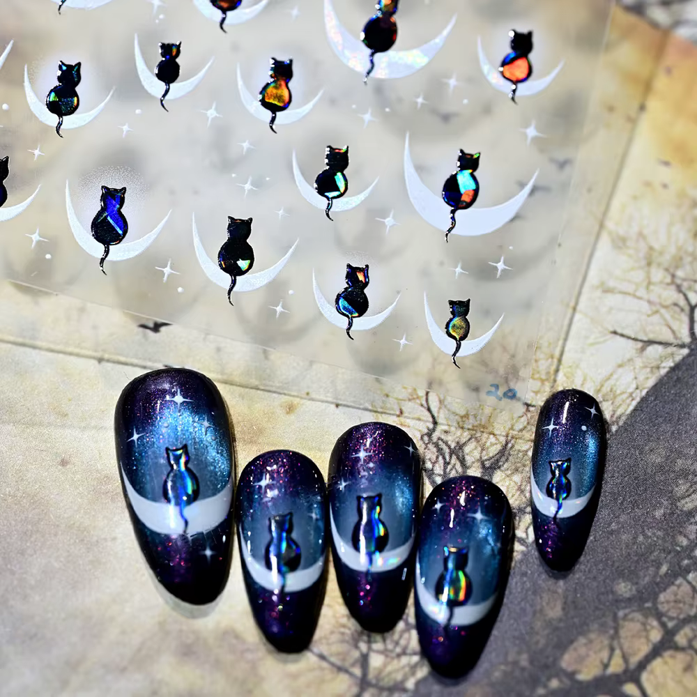 Autocollants pour ongles français chat noir dessin animé 5D, 1 pièce, décalcomanies pour ongles Kawa