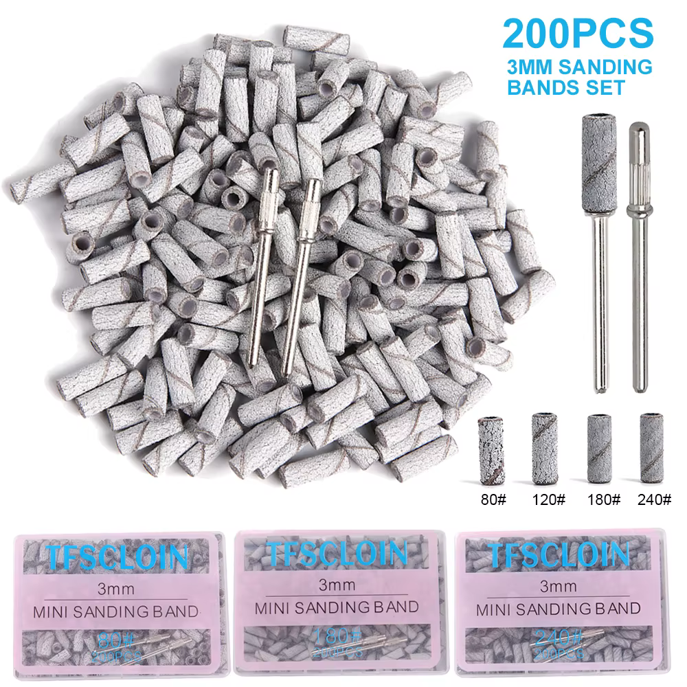 Ensemble de bandes abrasives pour ongles de 3mm, 100/200 pièces, avec mandrin, papier abrasif de gra