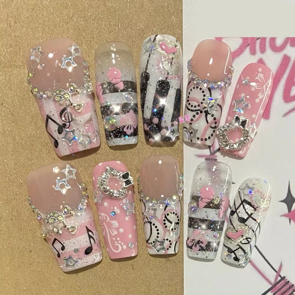 Y2K – cercueil Long pour fille épicée, fait à la main, à pression, paillettes, diamant, étoile à cin