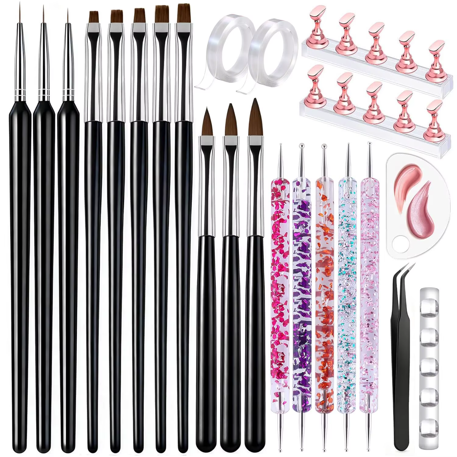 Kit de 23 outils pour nail art – Pinceaux, stylos à points, ligneurs, support magnétique, ruban adhé