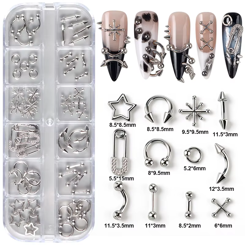 12 grilles Goth Punk ongles breloques goujons Y2K Piercing conceptions métallique argenté ongles Art