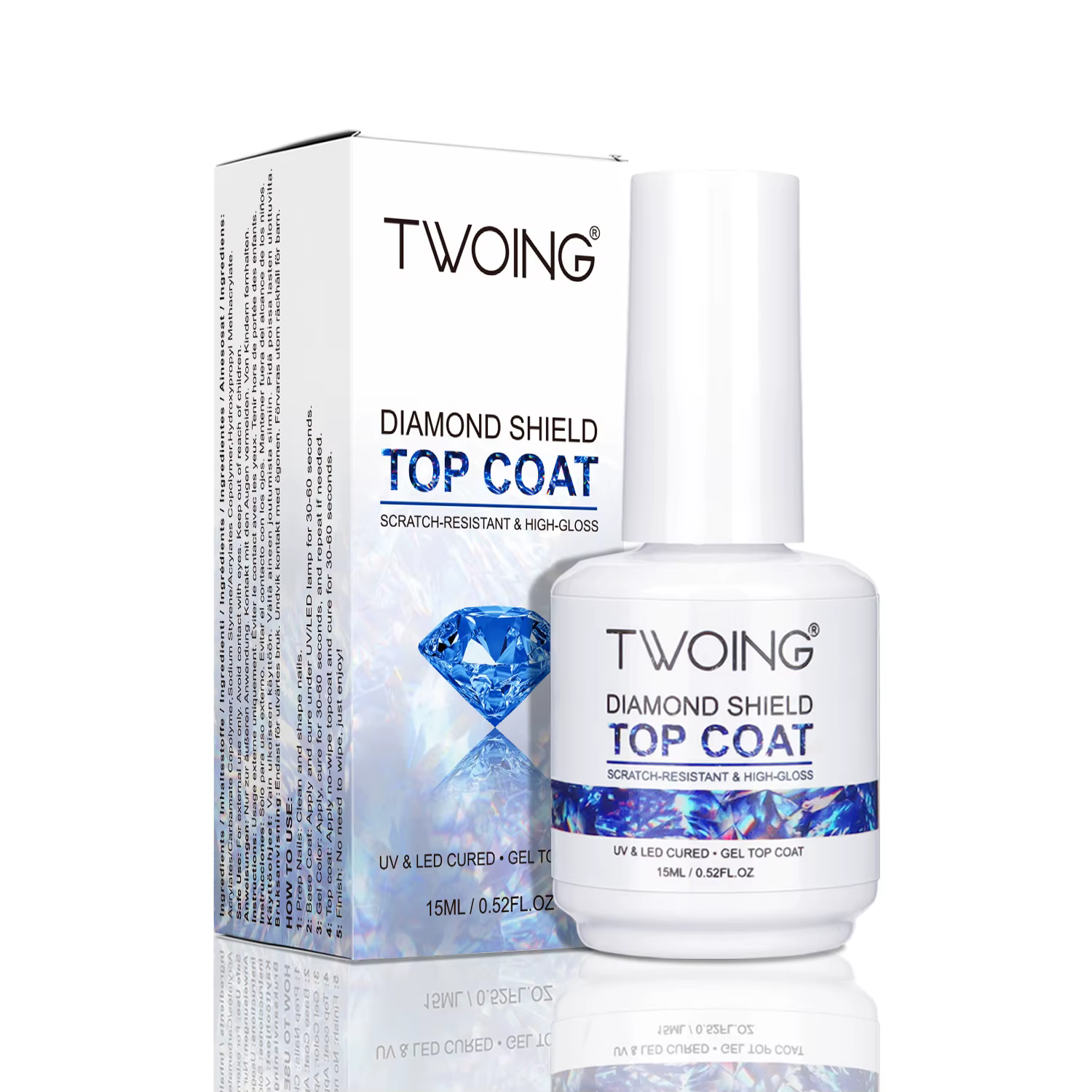 TWOING Top Coat Gel 15 ml Ultra Brillant Diamant Sans Résidu, Vernis de Finition pour Ongles en Gel,
