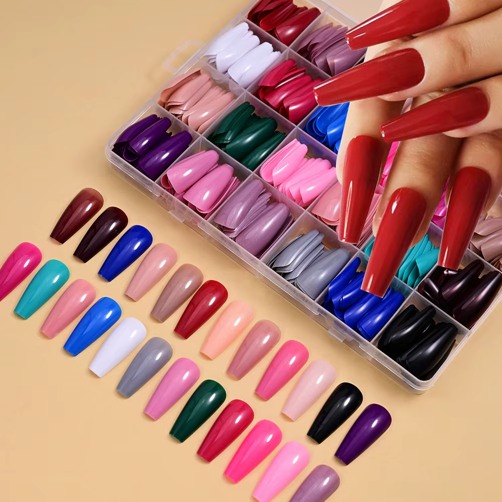 576 pièces/boîte coloré Long cercueil faux ongles brillant doux Gel français ongles conseils Simple 