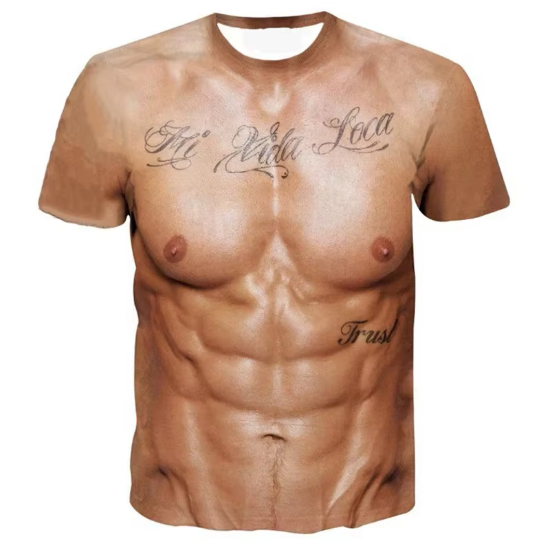 T-shirt drôle à imprimé 3D effet musculaire, manches courtes, été, streetwear, col rond, vêtements m