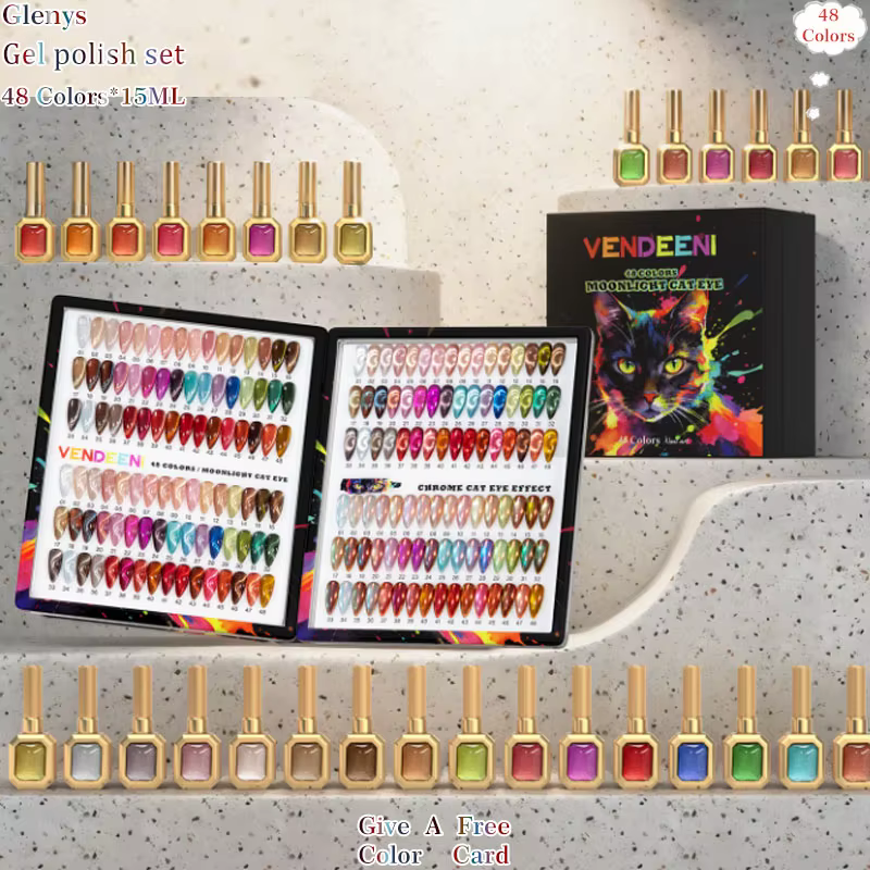 Glenys 48 pièces * 15ml Vernis à ongles gel effet œil de chat blanc clair, populaire sur les réseaux
