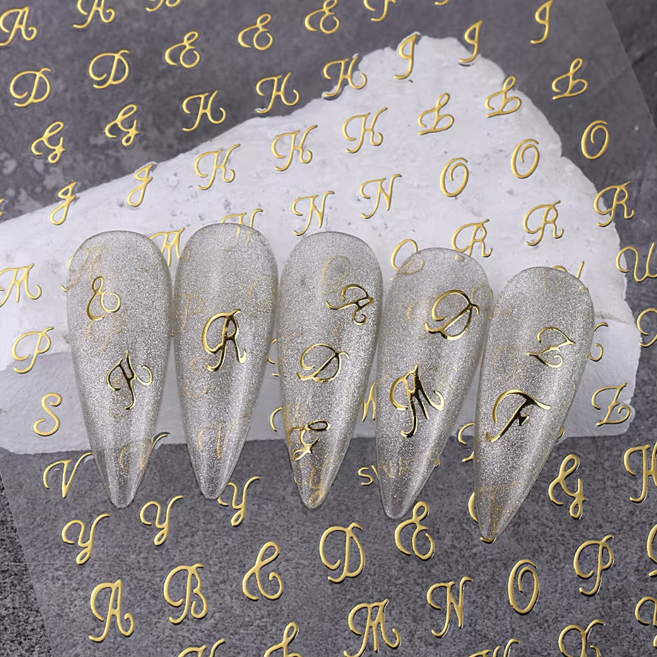 Autocollants pour ongles avec lettres romaines, 4 pièces, doré, argent, noir, blanc, Design Alphabet