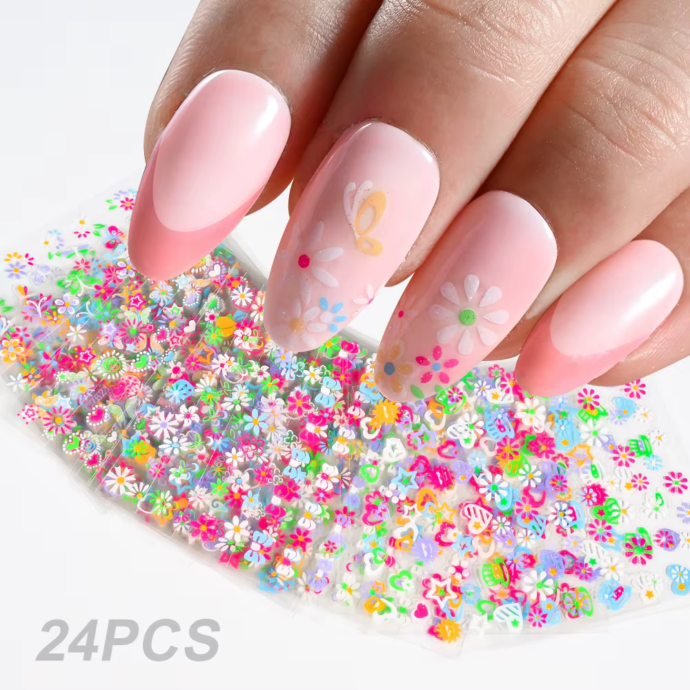 24 pièces mignon coloré fleur ongles autocollants été Kawaii papillon pétale Nail Art décalcomanies