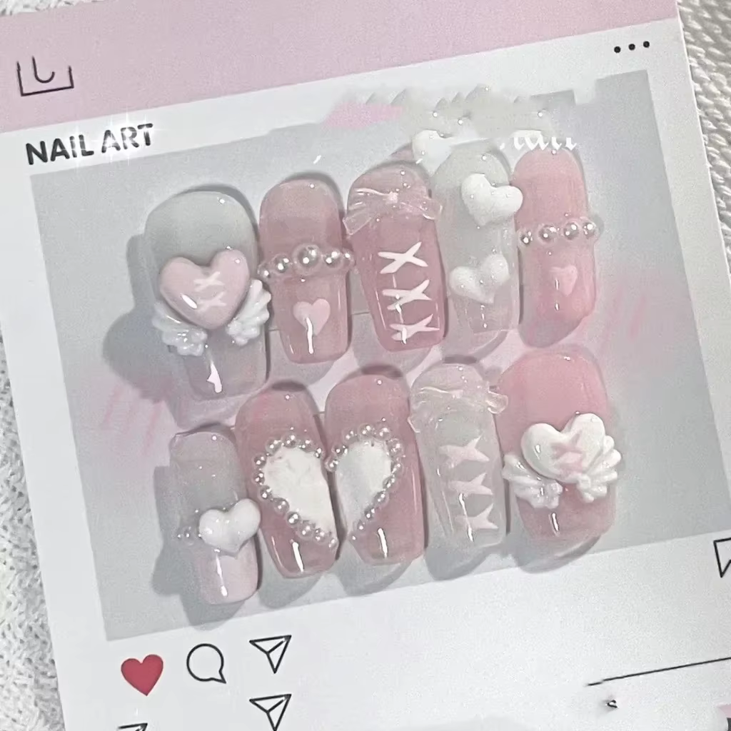 Faux ongles dégradés faits à la main avec nœud d'amour, ailes d'ange douces roses, n64.Staragité, ma