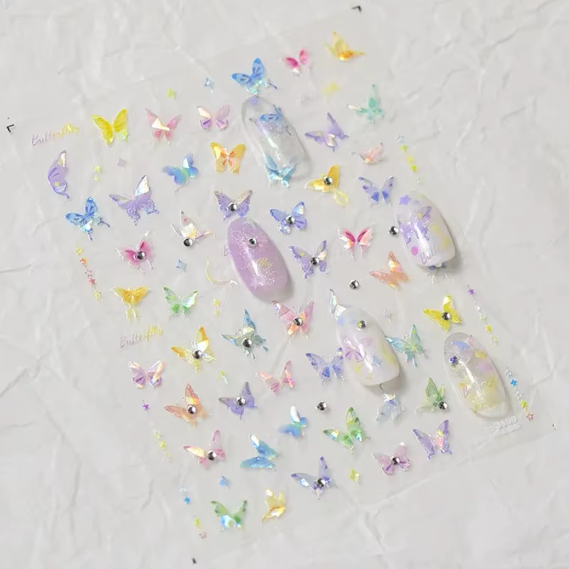 Coloré rose progressif lune étoile nuage papillon strass 5D doux en relief Relief Nail Art autocolla