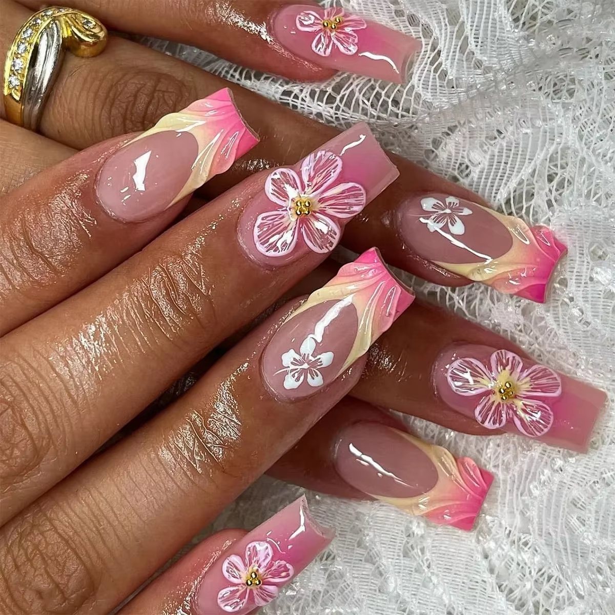 Faux ongles carrés moyens avec colle, 24 pièces, fleurs roses Blush, couverture complète, acrylique 