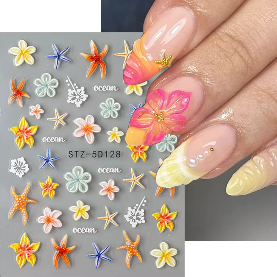 Autocollants pour ongles étoile de mer Kawaii, 2 pièces, autocollants floraux 3D pour Nail Art, auto