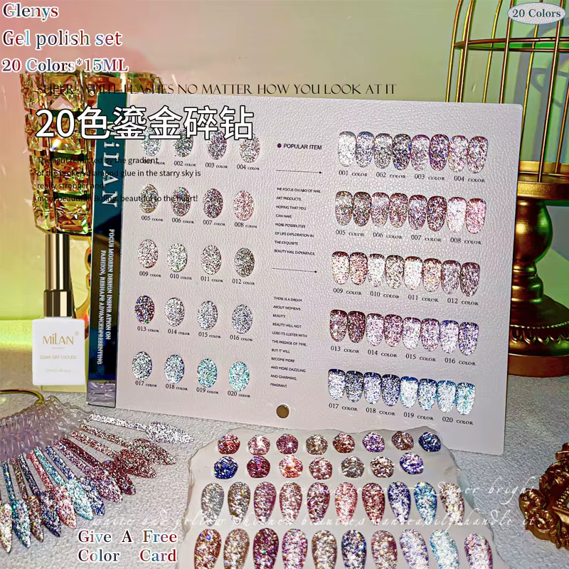 Glwnys 20 couleurs l vernis à ongles gel étoile populaire gel à immersion lumineuse carte de couleur