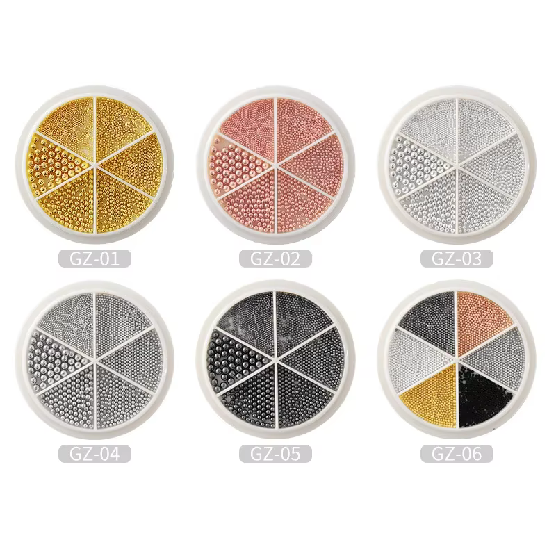 Petites perles de Caviar en acier pour Nail Art, 6 grilles, 0.8 à 1.5mm, taille mixte, Design 3D, or