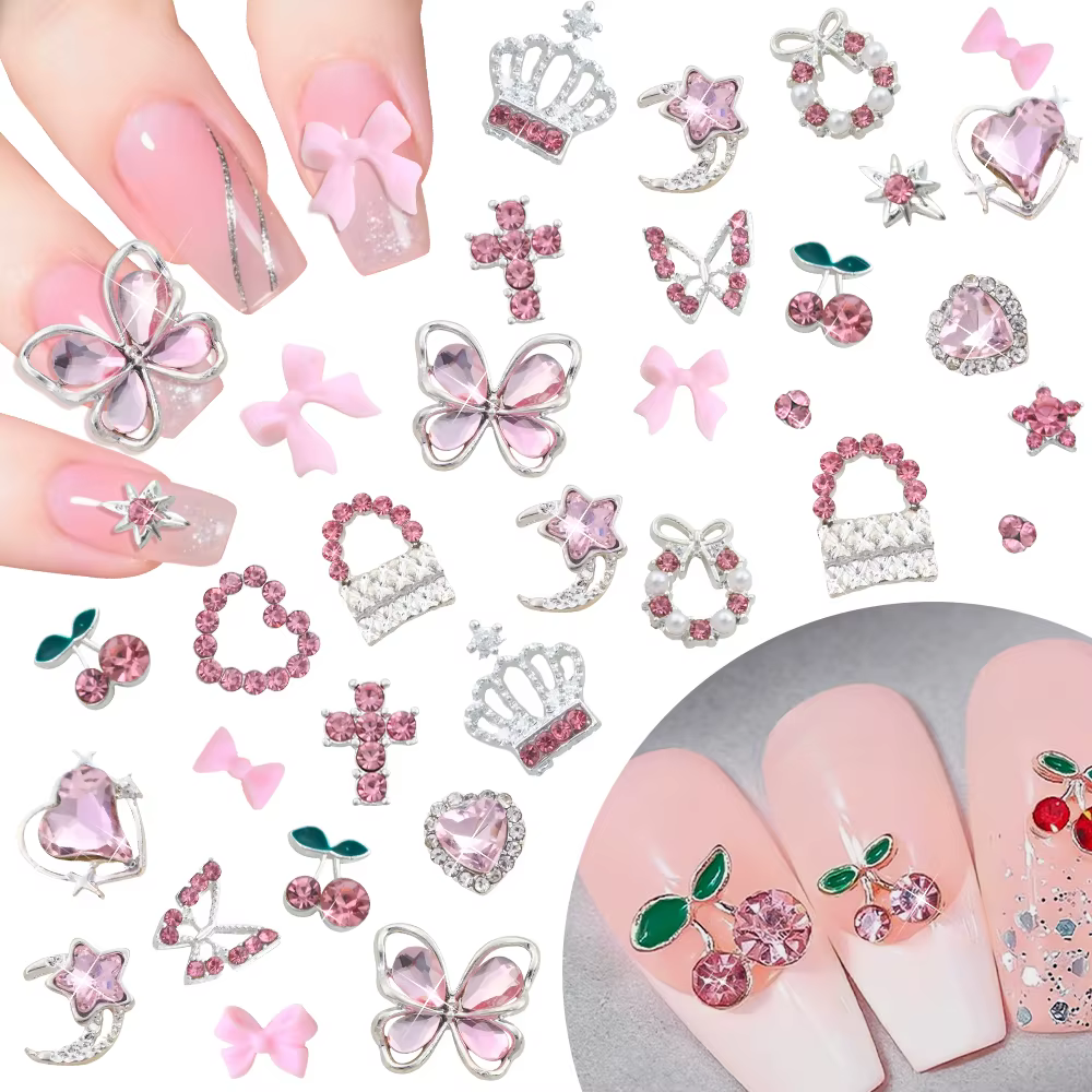 50/58 pièces mixte luxe rose cristal papillon/arc Y2k ongles breloques 3D métal argent alliage Nail