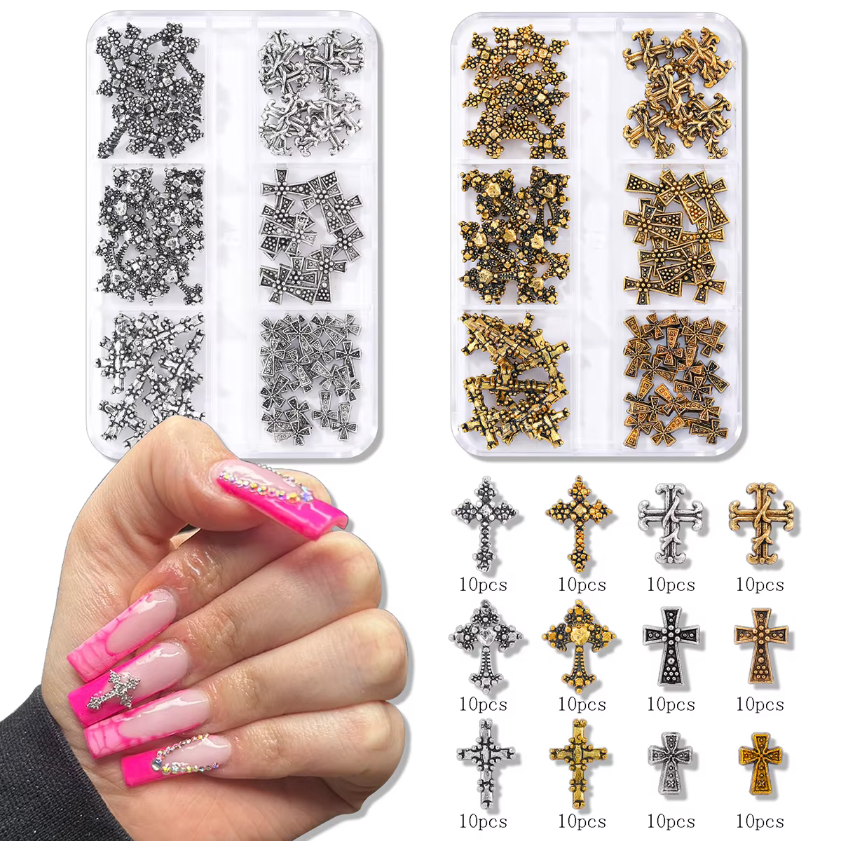 Décoration d'ongles vintage en forme de croix dorée et argentée, strass en alliage, style métal y2k,