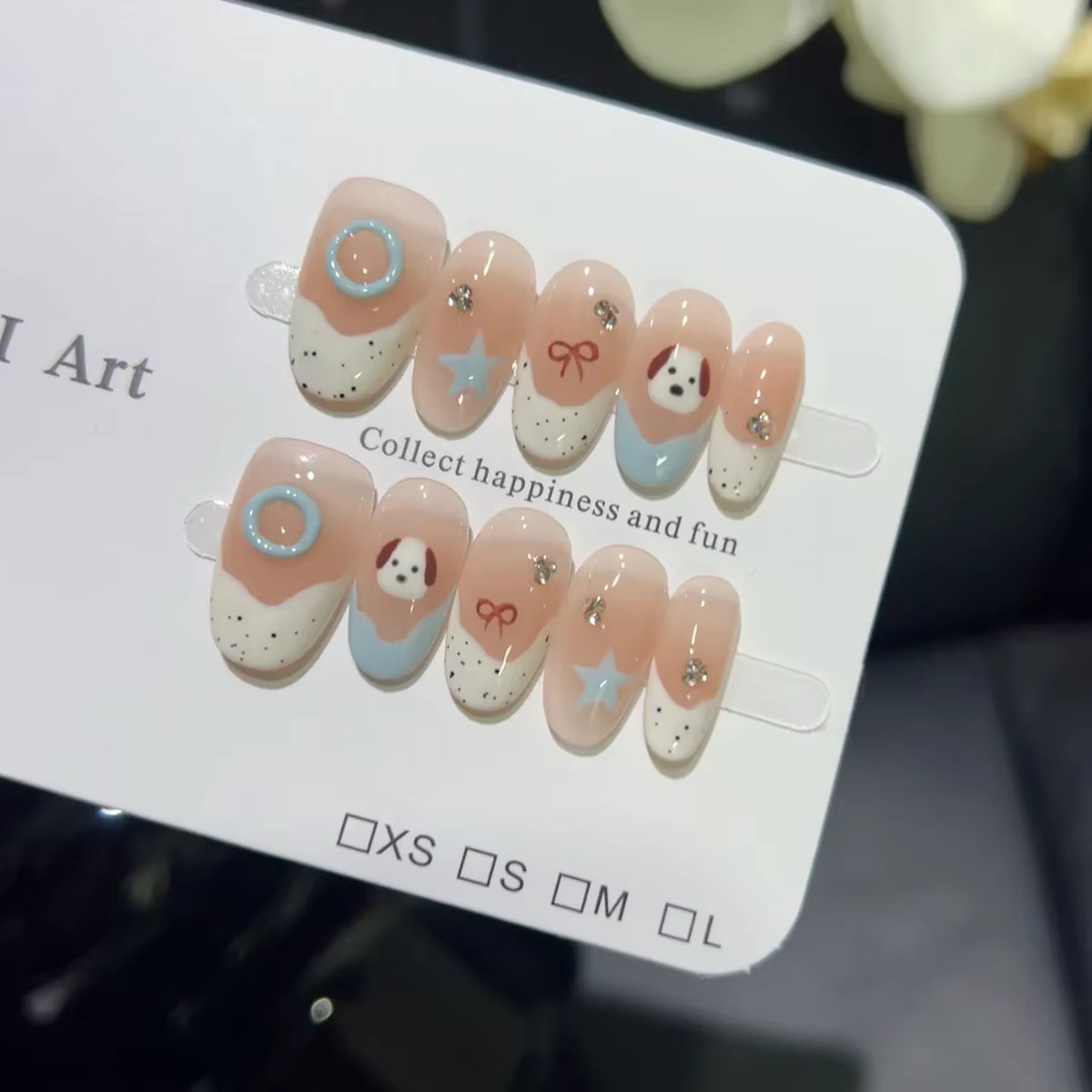 Faux ongles ovales courts et bleus, 10 pièces, rétro, dessinés à la main, marron, nœud à pois, press