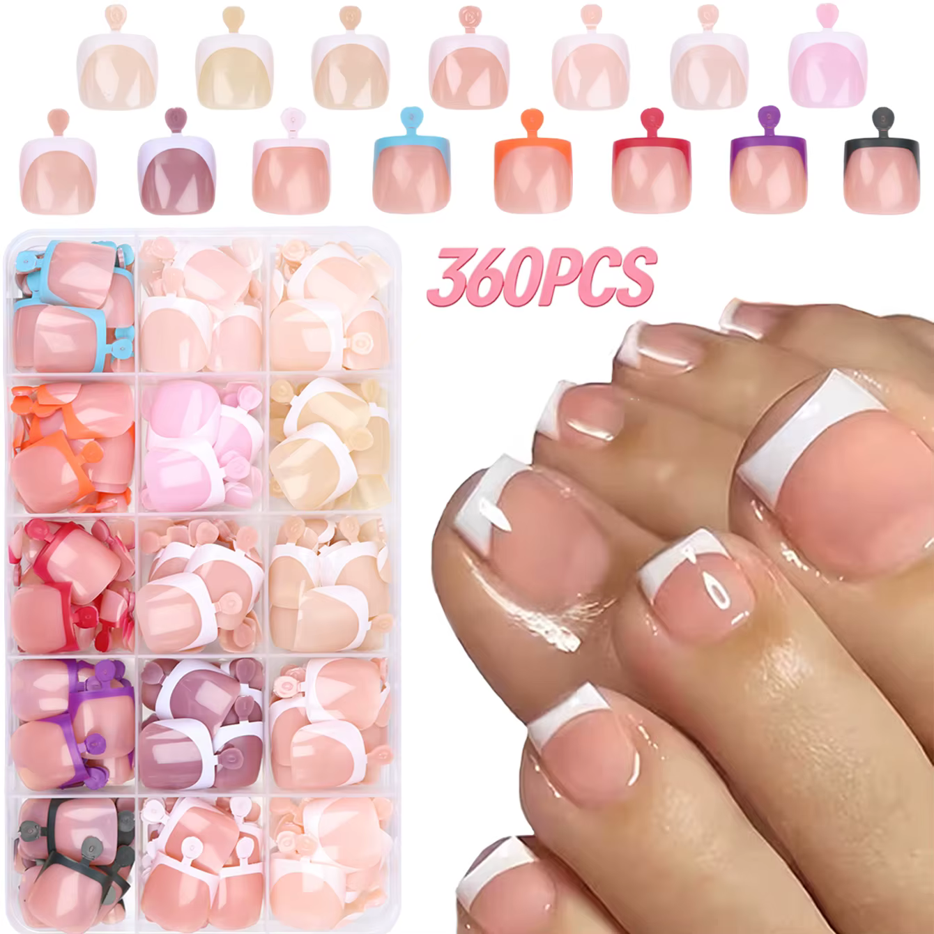 360 faux ongles carrés courts blancs style français, 12 tons nude, couvrance totale, brillants, avec