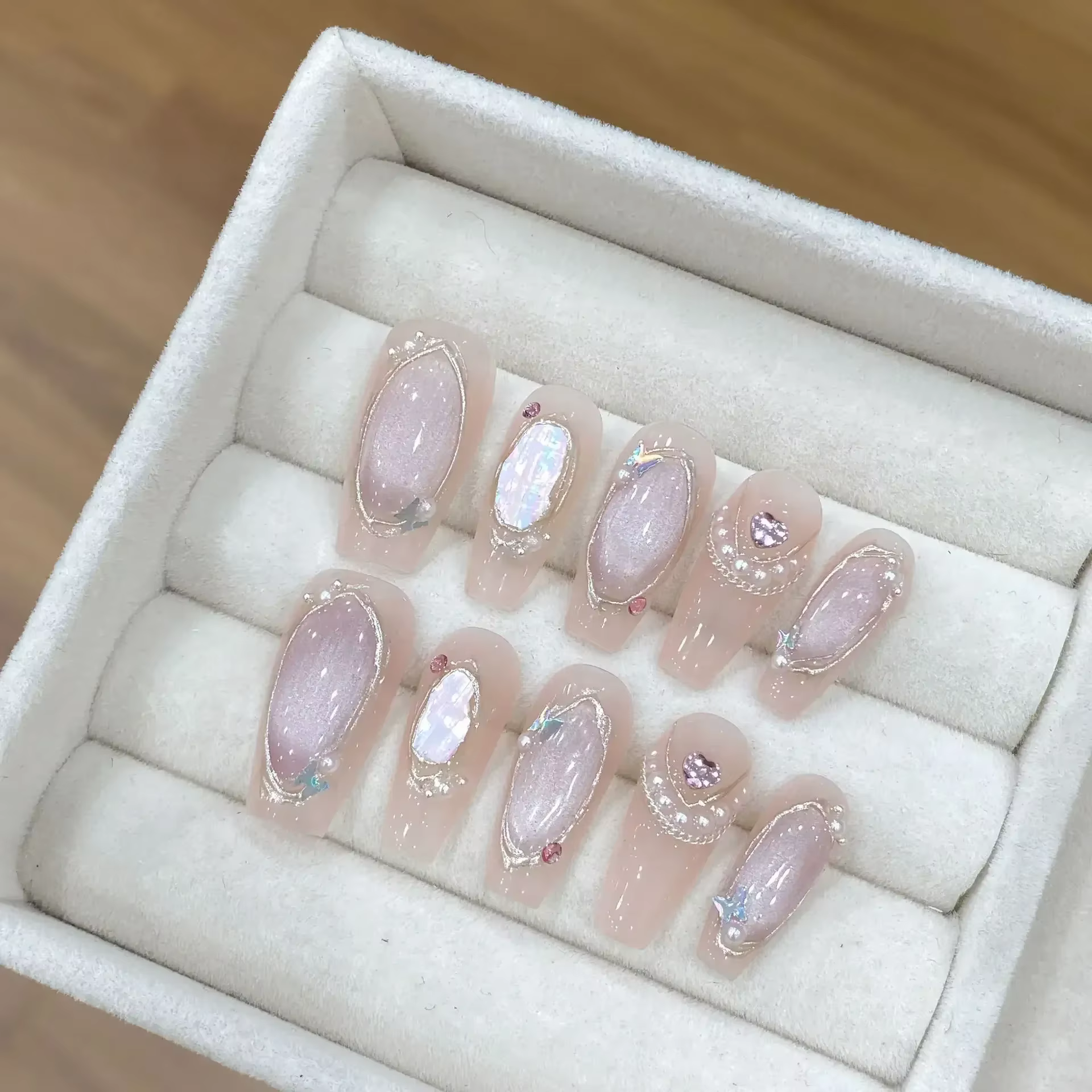 10 pièces presse à la main sur les ongles longs Ballet bleu faux ongles avec 3D océan lune strass co