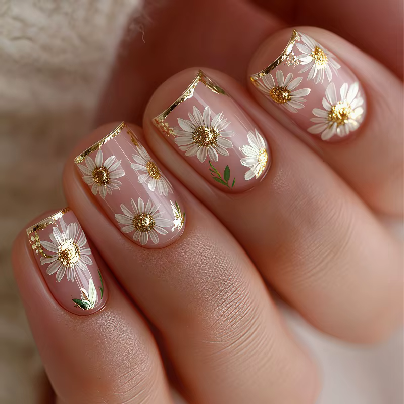 24 faux ongles à presser printemps-été, motifs fleurs dorées et blanches, magnifiques faux ongles po