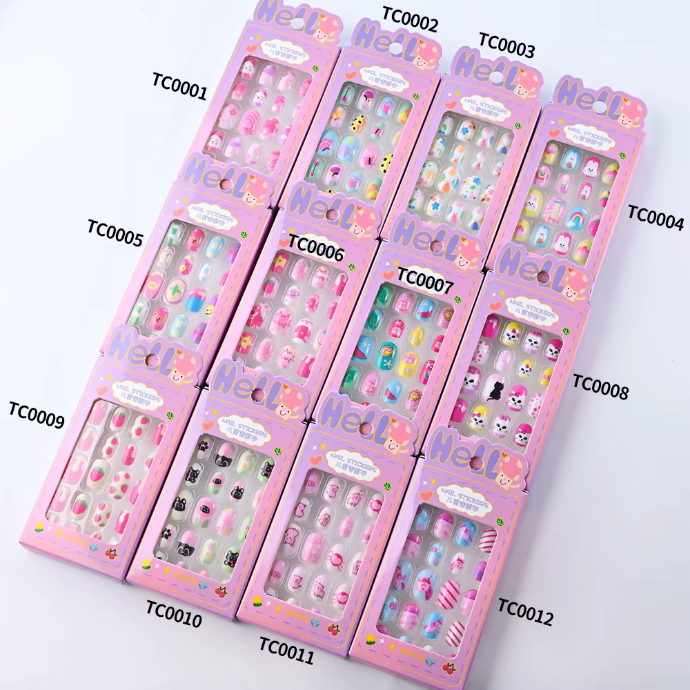 24 pièces/boîte enfants ongles pour fille dessin animé motif faux ongles mignon enfant faux ongles c