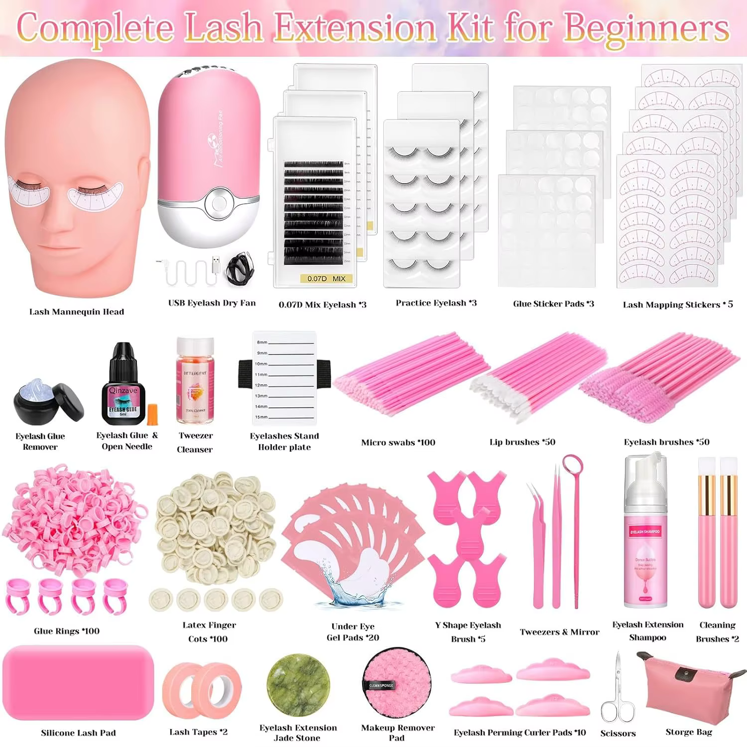 Kit de pratique d'extension de cils 470 pièces pour débutants, comprend tête de mannequin, colle, sh