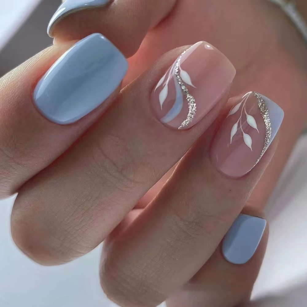 Nouveaux faux ongles longs carrés, motifs fleurs fraîches et feuilles, style français, couvrance tot