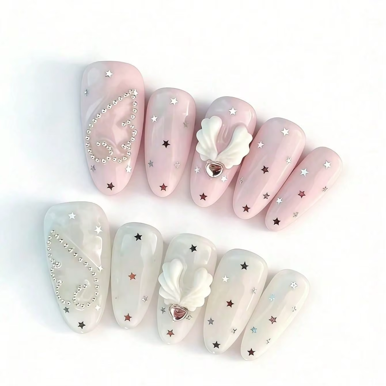 10 faux ongles en forme d'amande pressés à la main, magnifiques faux ongles avec des ailes en forme 