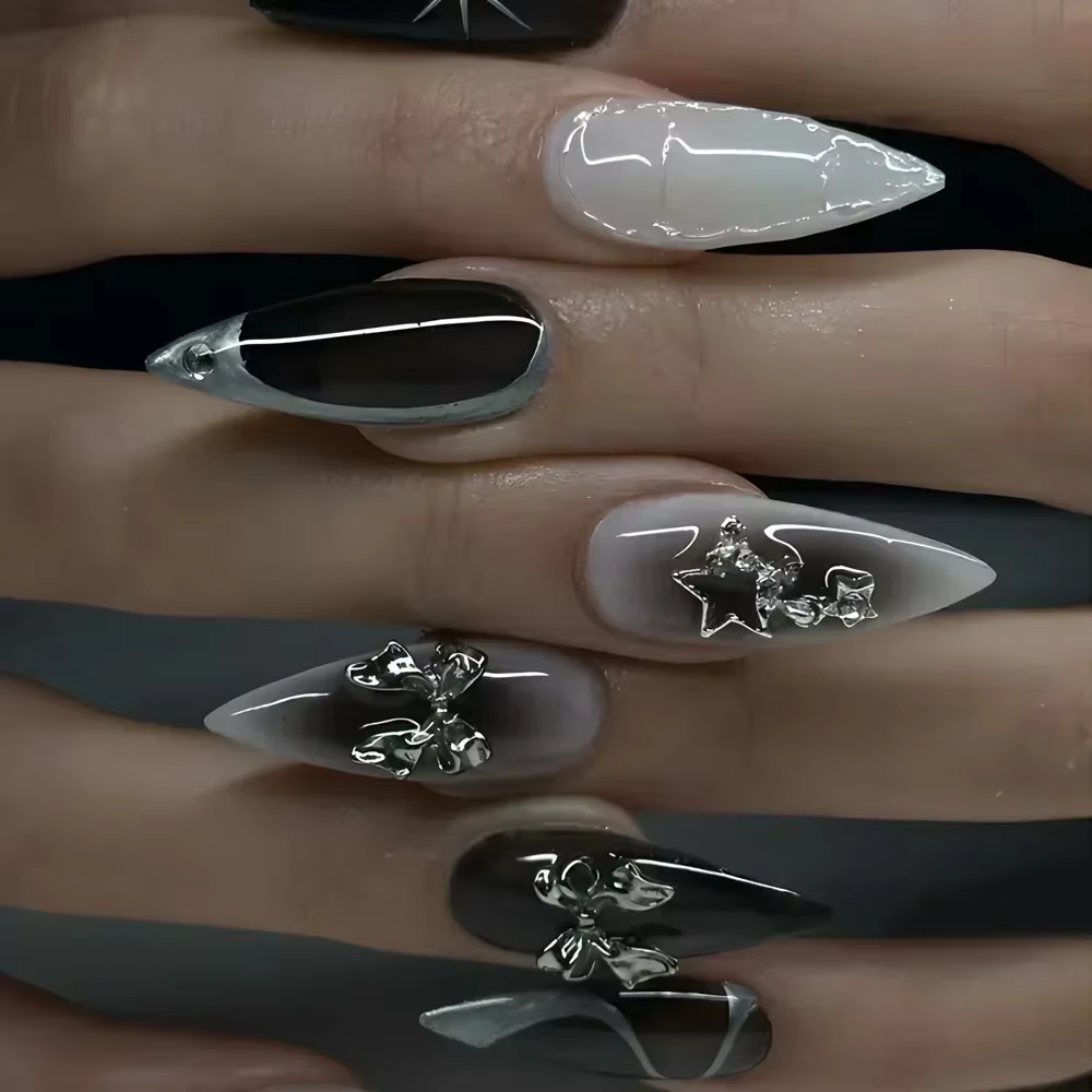 24 pièces Y2k amande acrylique ongles couverture complète 3D diamant noir Nail Art doux Cool françai