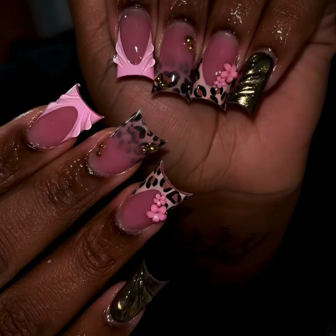 Faux ongles en bec de canard détachables, imprimé léopard Y2k, rose, court, à pression, fleur, couve