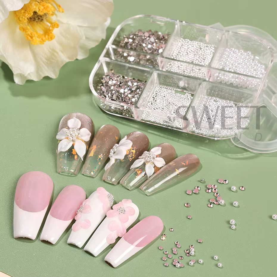 Strass 3D pour Nail Art, 6 grilles, perles rondes blanches, décoration d'ongles, breloques en acier,