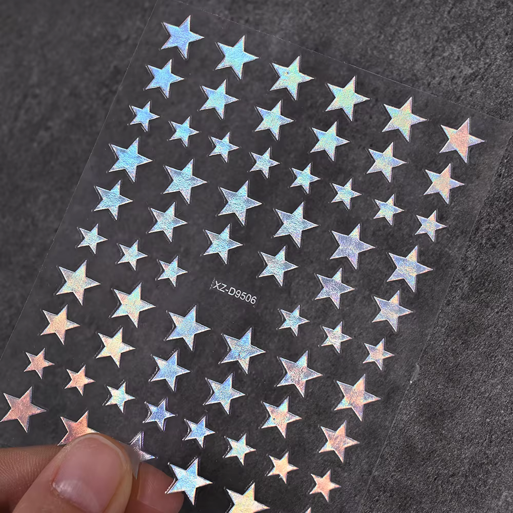 Autocollants pour Nail Art, 8 pièces, rose, or, noir, étoile, pentagramme métallique brillant, décal