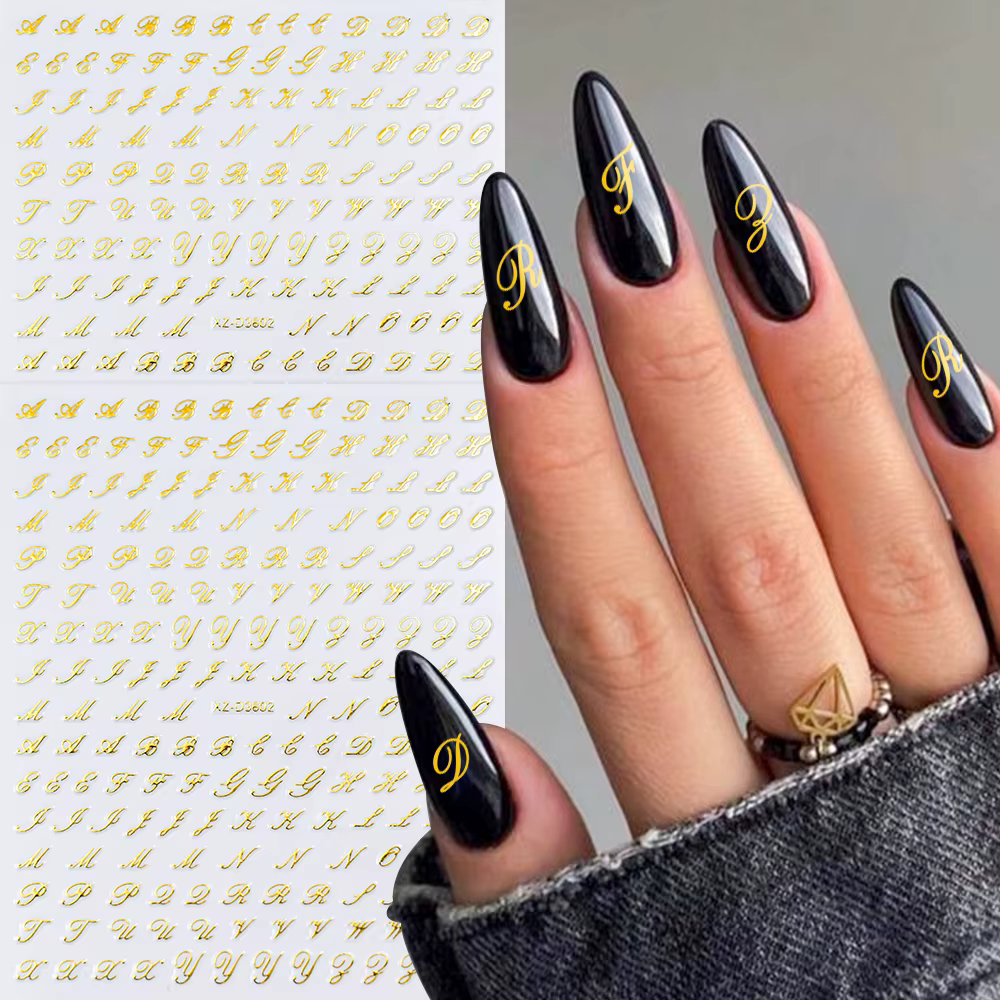 Autocollants pour ongles avec lettres romaines 3D, 1 pièce, or/argent/noir/Laser Alphabet, décalcoma
