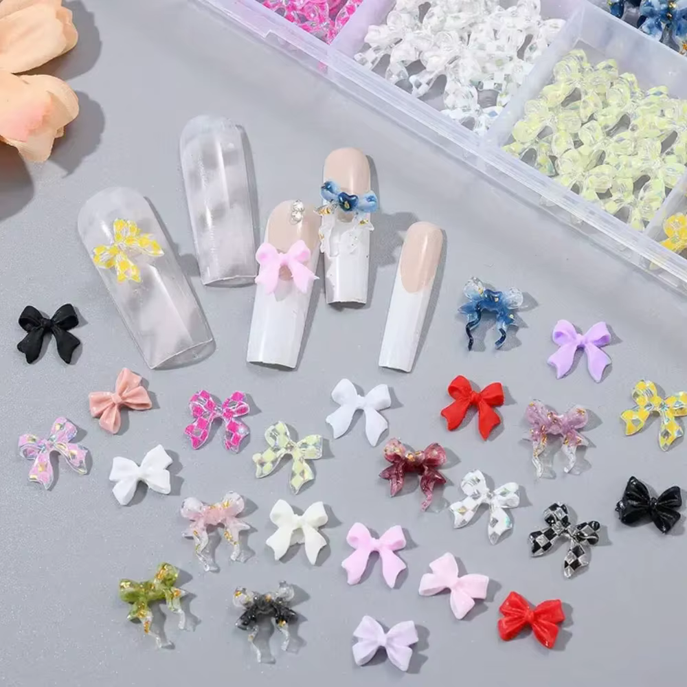 Breloques pour ongles avec nœud papillon/ruban 3D, 12/24 grilles, nœuds en résine Kawaii Y2K, strass