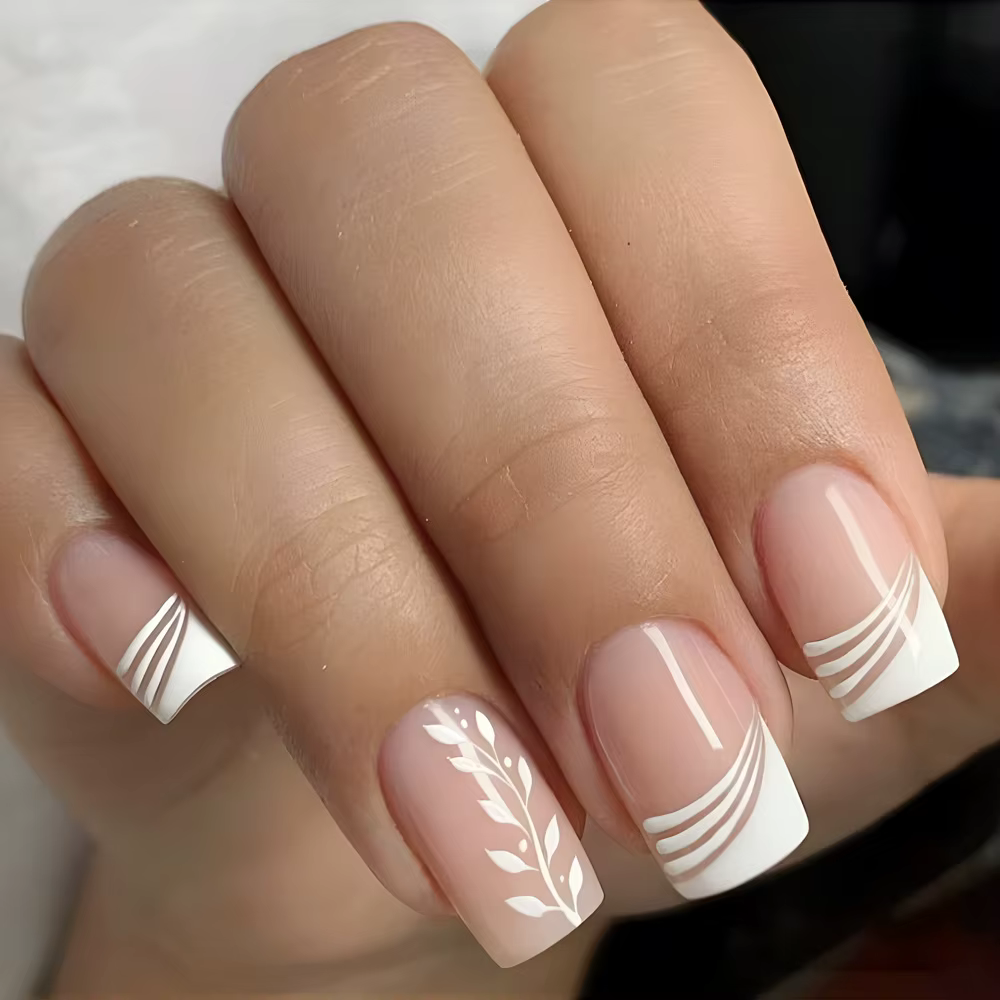 Faux ongles à tête carrée Simple, avec colle gelée, dégradé rose et blanc, presse française sur faux