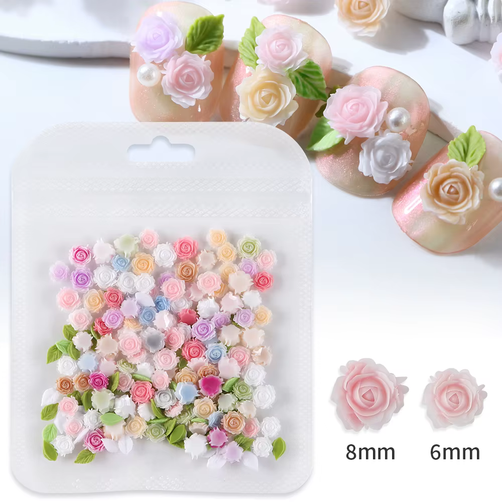 Breloques pour Nail Art, Accessoires de Manucure, Romantique, Rose, Mélange de Fleurs Vertes, Fleurs