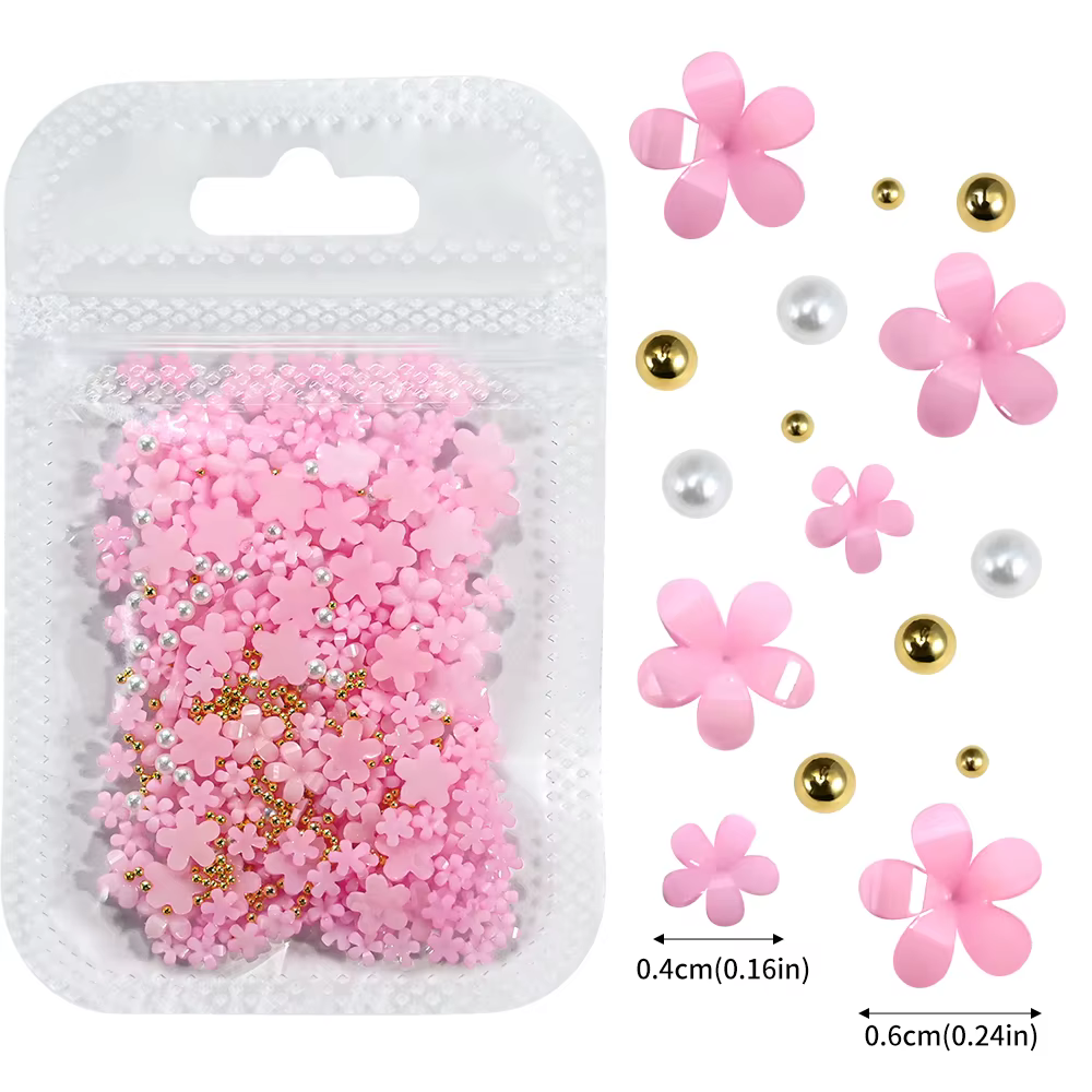 Décorations pour ongles en forme de fleur acrylique blanche 3D, mélange de perles dorées/pale, 5 g/s
