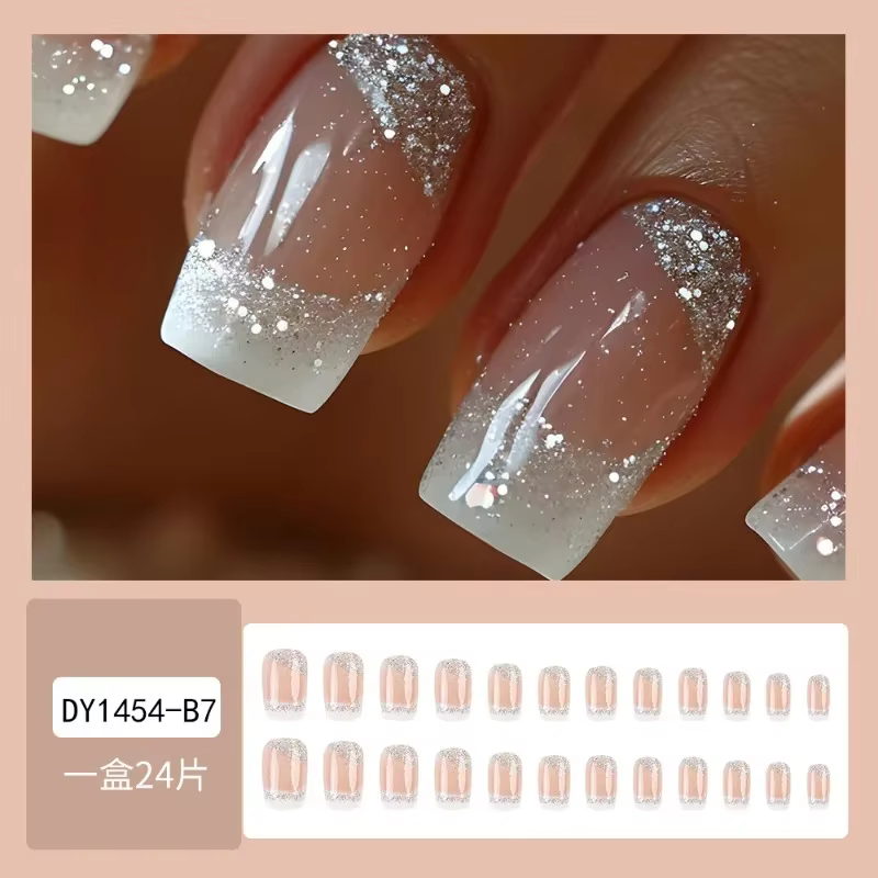24 pièces faux ongles avec Design faux ongles doigt porter ongles blanc français paillettes carré mo