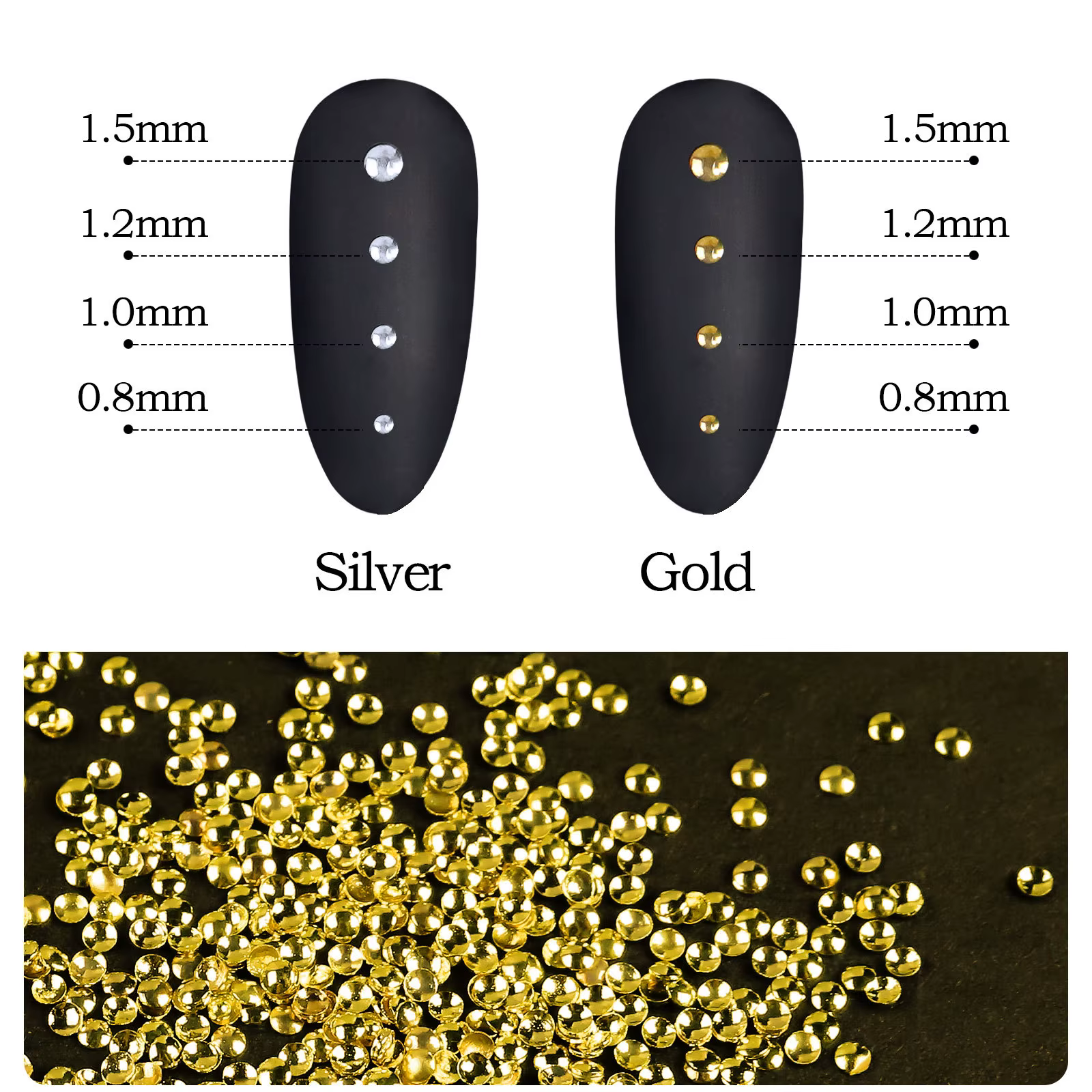 500 pièces or argent 0.8mm-1.5mm minuscule creux semi-sphère alliage rond Rivet Nail Art strass déco
