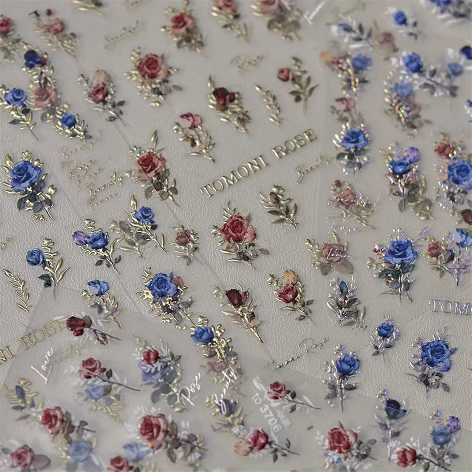 Autocollants pour ongles japonais Vintage, fleur de Rose rouge et bleue, Laser or argent, décalcoman