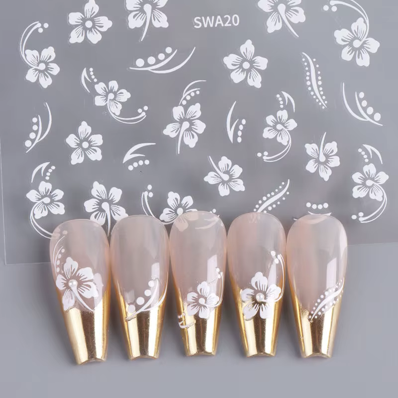 Autocollant en relief pour ongles, fleur d'hibiscus 5D, acrylique, rose, blanc, feuille de pétale d'